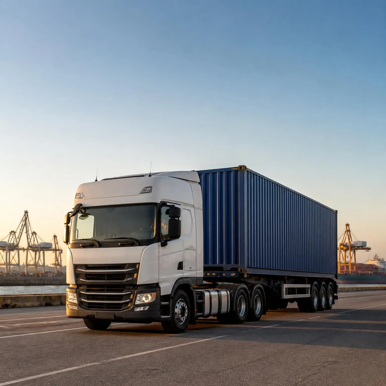 Caminhão transportando contêiner em via próxima a um terminal portuário