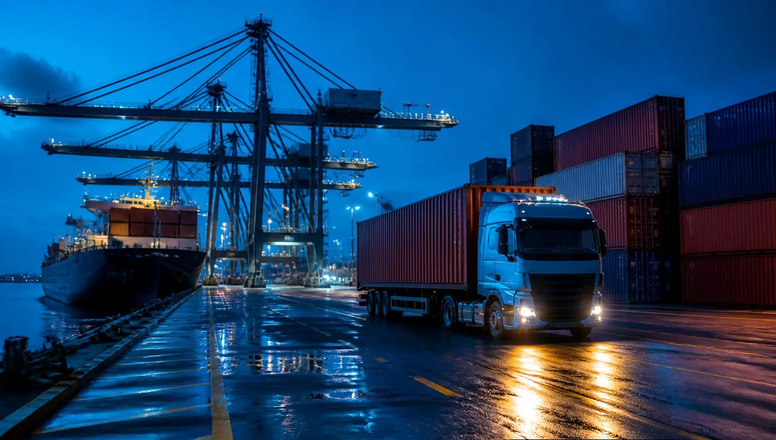 Caminhão porta-contêiner em terminal portuário ao entardecer, com navio e guindastes ao fundo